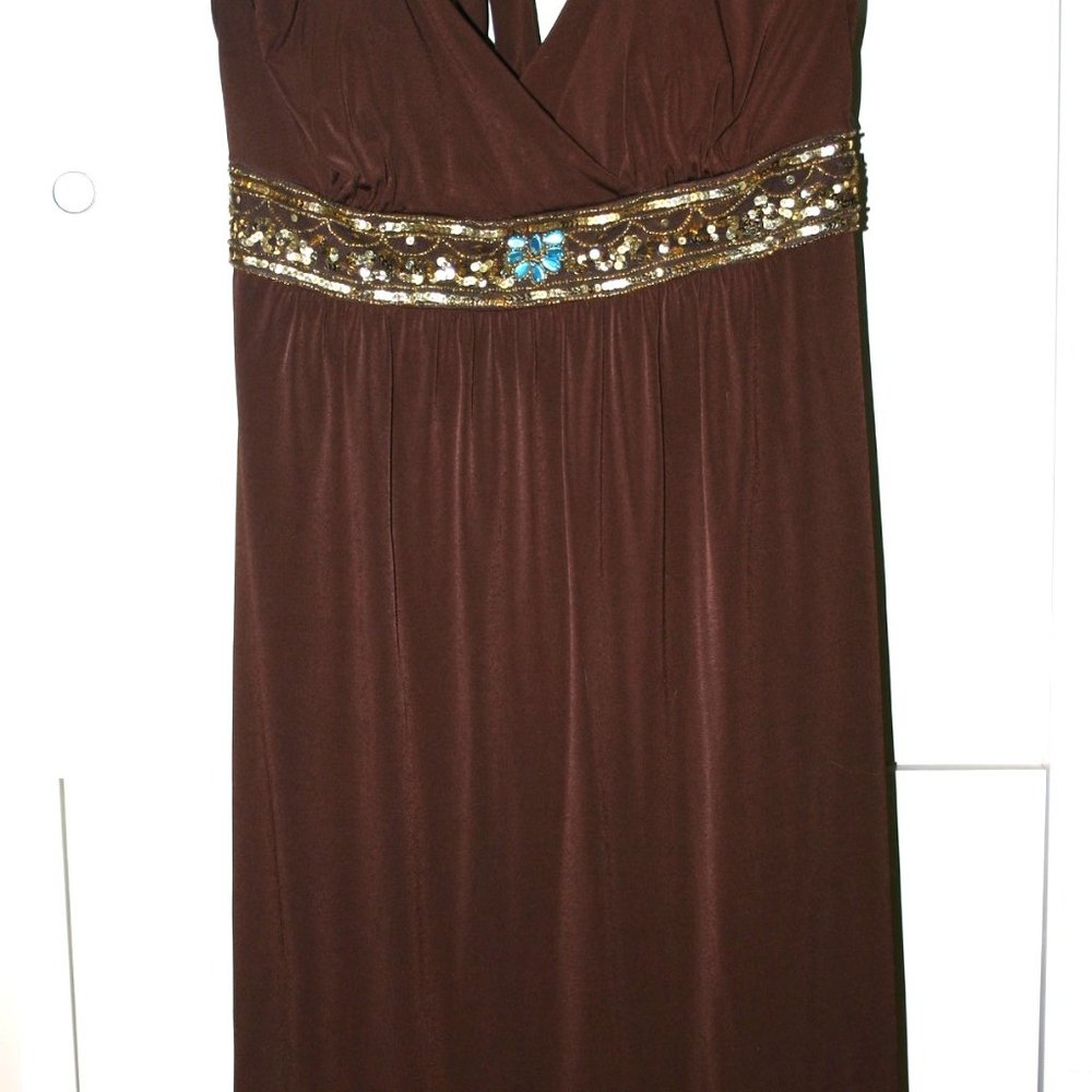 BOSTON PROPER Dark Brown Halter Dress-Dynamic Bejeweled Cummerbund Size M